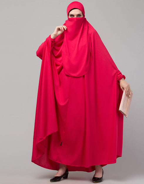 Trendy Rani Pink Extra Nose Piece Head To Toe Free Size Jilbab Front View