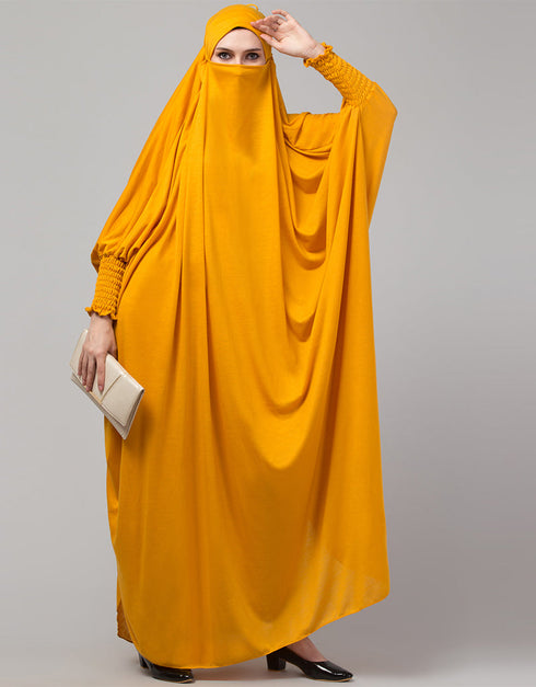 Chic Smoking Sleeve Tie at Back Ready To Wear Instant Full Size Jeresy JiIbab In Musturd Front View