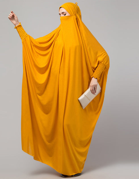 Chic Smoking Sleeve Tie at Back Ready To Wear Instant Full Size Jeresy JiIbab In Musturd Close-up View