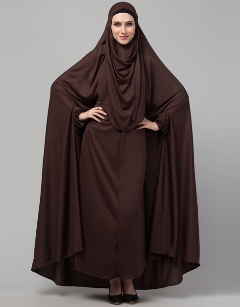 Dubai Extra Nose Piece Head To Toe Free Size Jilbab In Brown Color Front View