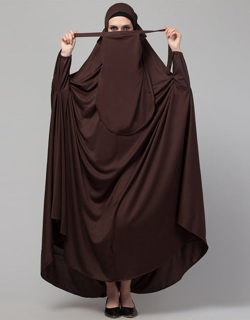 Dubai Extra Nose Piece Head To Toe Free Size Jilbab In Brown Color Front View