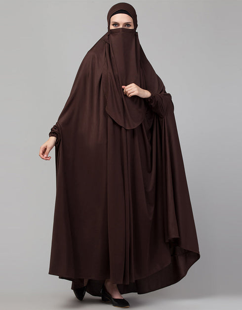 Dubai Extra Nose Piece Head To Toe Free Size Jilbab In Brown Color Close-up View