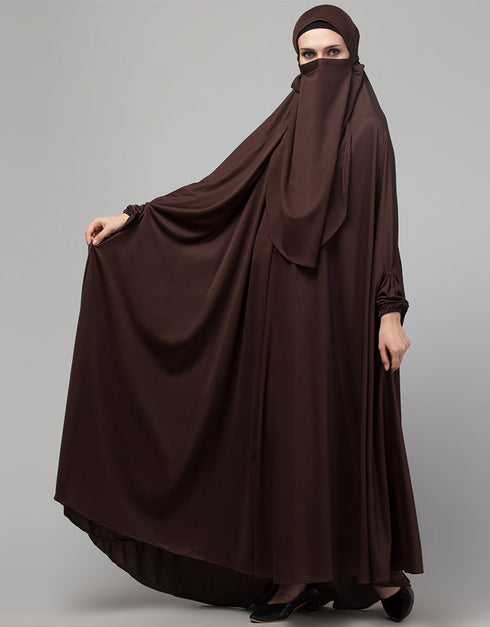 Dubai Extra Nose Piece Head To Toe Free Size Jilbab In Brown Color Back View