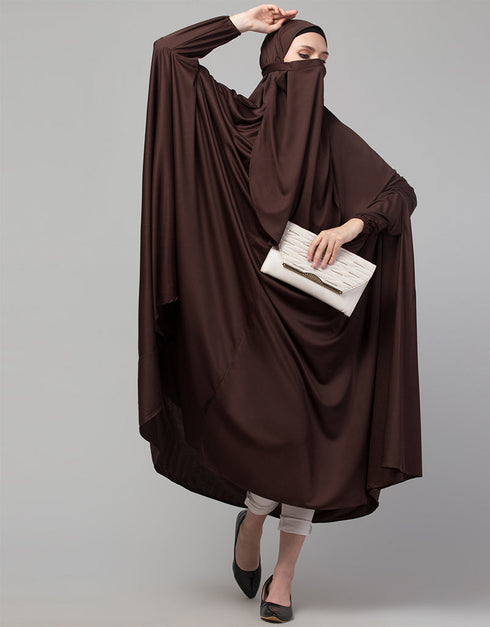 Dubai Extra Nose Piece Head To Toe Free Size Jilbab In Brown Color Side View