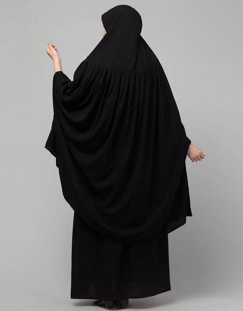 Modern Two piece Gathered Khimar and abaya In Black Close-up View