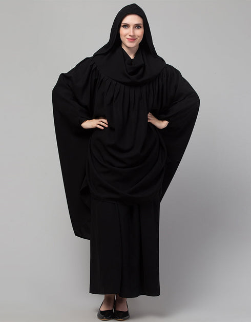 Modern Two piece Gathered Khimar and abaya In Black Side View