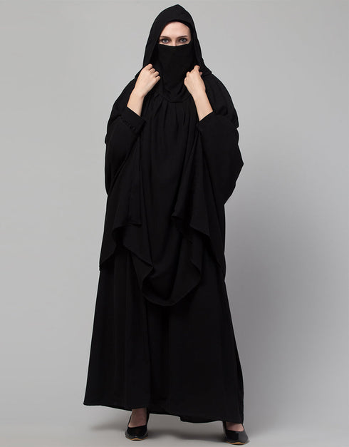 Modern Two piece Gathered Khimar and abaya In Black Front View
