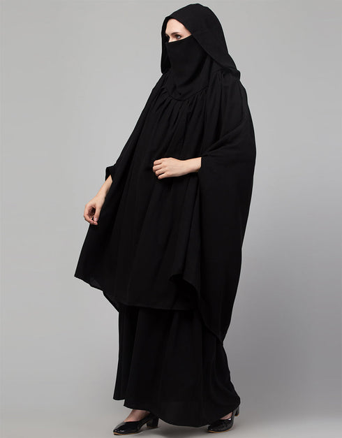 Modern Two piece Gathered Khimar and abaya In Black Back View