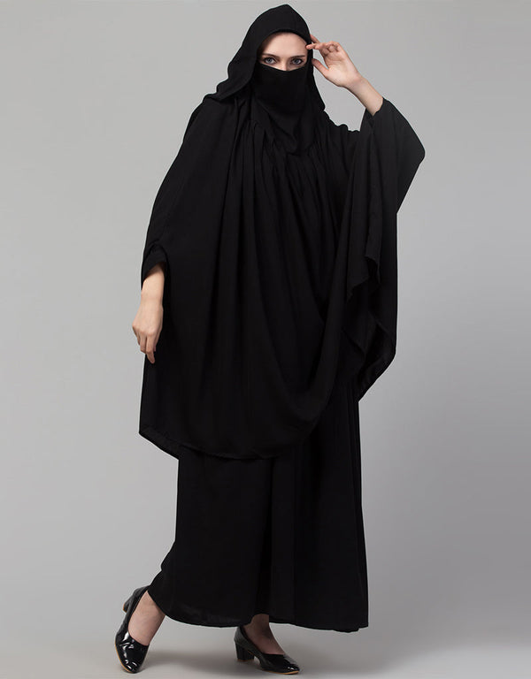 Modern Two piece Gathered Khimar and abaya In Black Front View