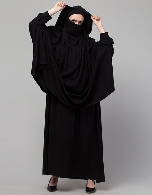 Modern Two piece Gathered Khimar and abaya In Black Additional Angles