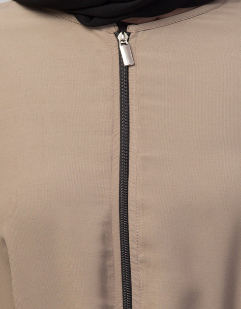 Muslim Front-Open Zip Abaya for Casual Wear In the Shade of Khaki