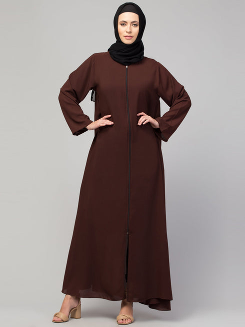 Women Basic Abaya with Long Sleeves and Front Zipper In the Shade of Brown