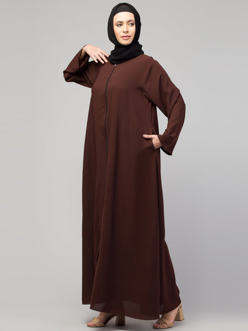 Women Basic Abaya with Long Sleeves and Front Zipper In the Shade of Brown