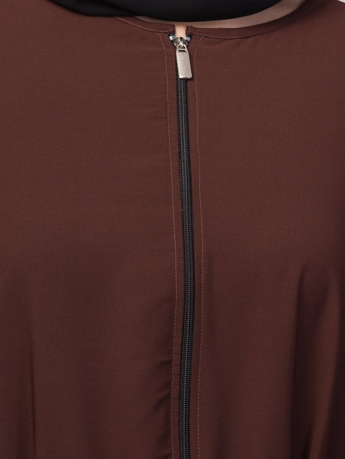 Women Basic Abaya with Long Sleeves and Front Zipper In the Shade of Brown