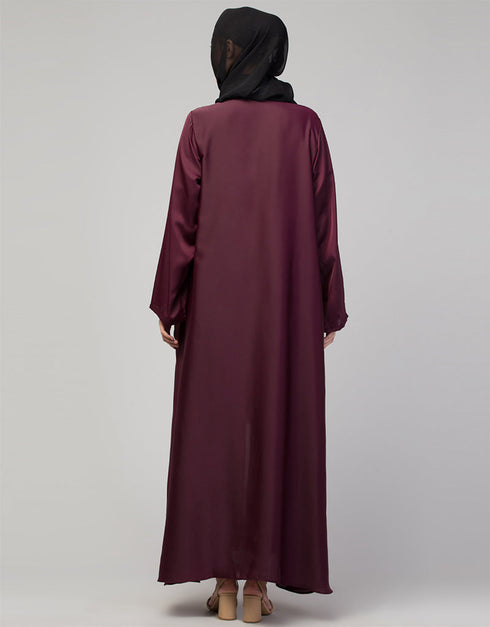 Chic Front-Open Zip Abaya for Daily Wear In the Shade Of Wine