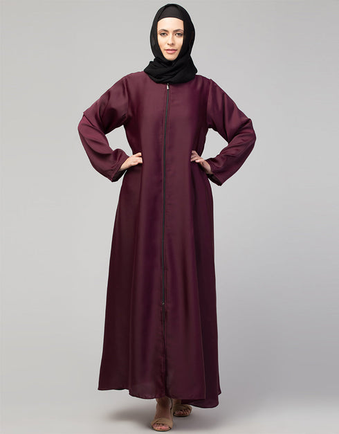 Chic Front-Open Zip Abaya for Daily Wear In the Shade Of Wine