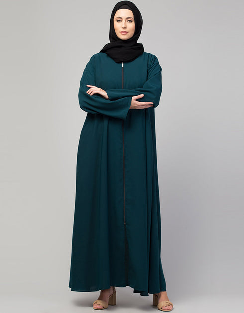 Dubai Long-Sleeved Abaya with Flared Hem for a Sophisticated Look In Color Teal Blue