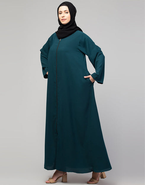 Dubai Long-Sleeved Abaya with Flared Hem for a Sophisticated Look In Color Teal Blue