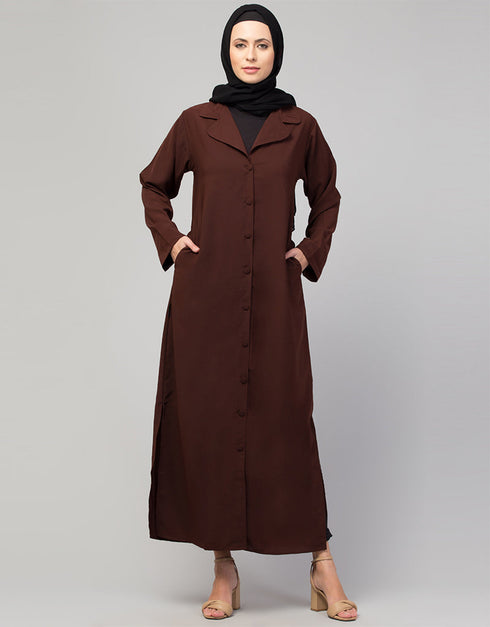 Islamic Abaya with coat collar and buttoned In the Color Brown