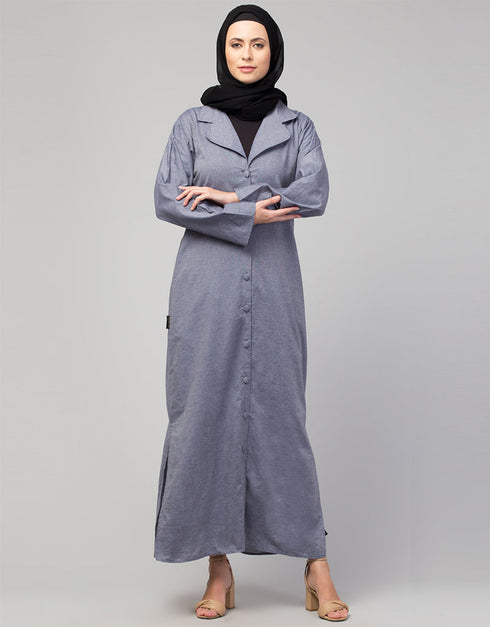 Arabic Abaya with self-fabric buttons and coat collar In the Shade Of Sky Blue