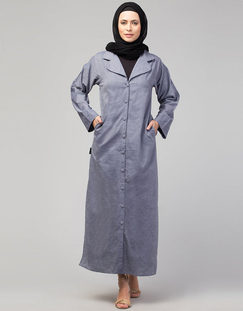 Arabic Abaya with self-fabric buttons and coat collar In the Shade Of Sky Blue