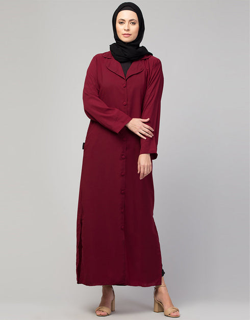 Women Abaya with coat-style collar and self-fabric buttons In the Shade Maroon