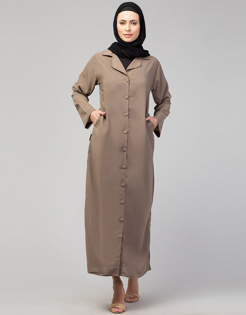 Muslimah Abaya with a coat-style collar and buttoned front In the Color Khaki
