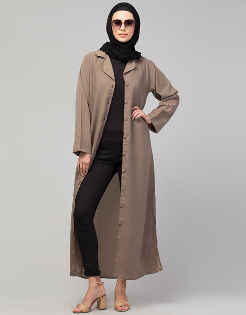 Muslimah Abaya with a coat-style collar and buttoned front In the Color Khaki