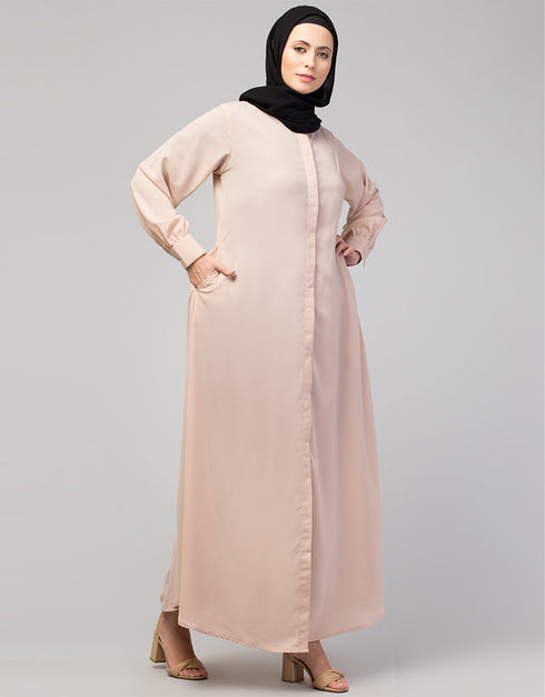 Trendy Basic abaya with front opening and hidden placket in the Shade Skin
