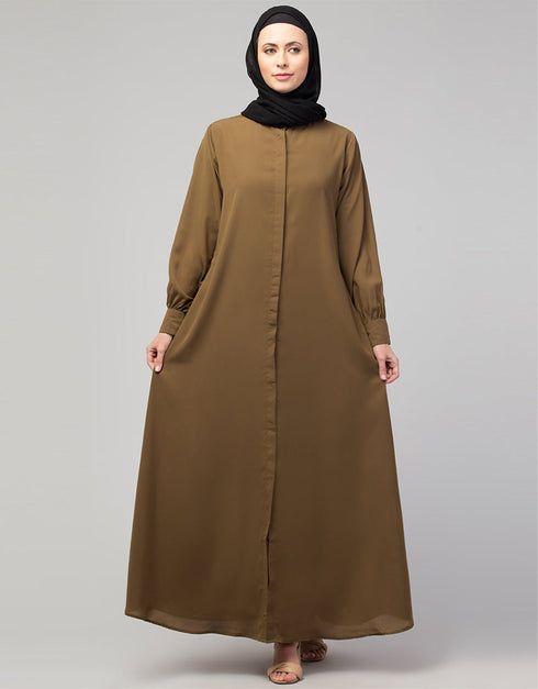 Modern Daily wear abaya with front opening and hidden placket in Color Gold