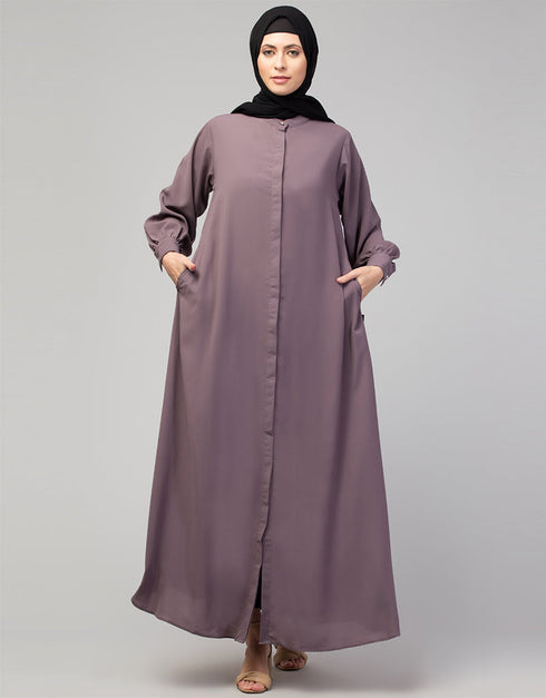 Muslim Abaya with a simple design and front opening In the Shade of Lt Purple