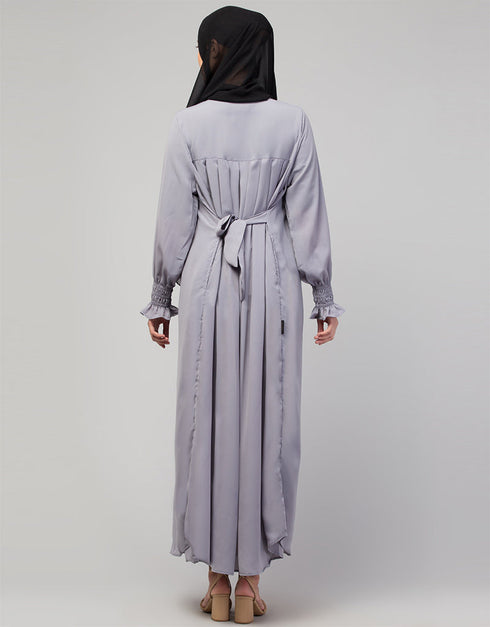 Trendy Smoking sleeve abaya with pleats at the chest for a stylish Sky Grey