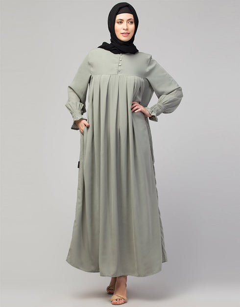 Modern Smoking sleeve abaya with pleats at the chest In the Shade Sage Green