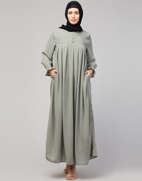 Modern Smoking sleeve abaya with pleats at the chest In the Shade Sage Green