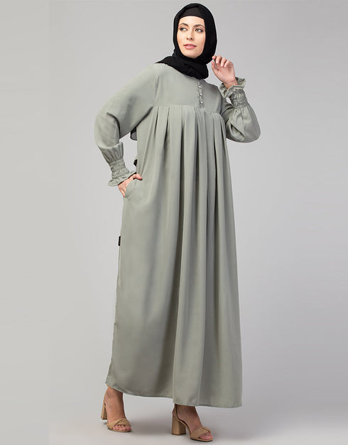 Modern Smoking sleeve abaya with pleats at the chest In the Shade Sage Green