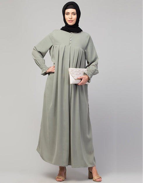 Modern Smoking sleeve abaya with pleats at the chest In the Shade Sage Green