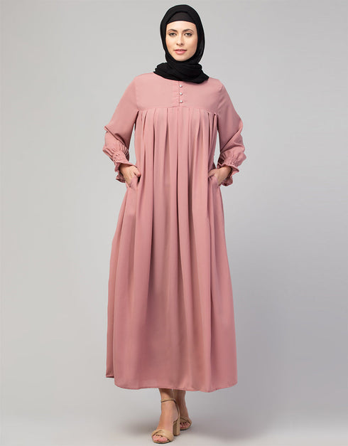 Dubai Abaya with pleats and bell sleeves stylish look In the Shade of Lt Pink