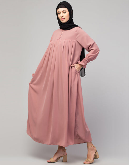 Dubai Abaya with pleats and bell sleeves stylish look In the Shade of Lt Pink