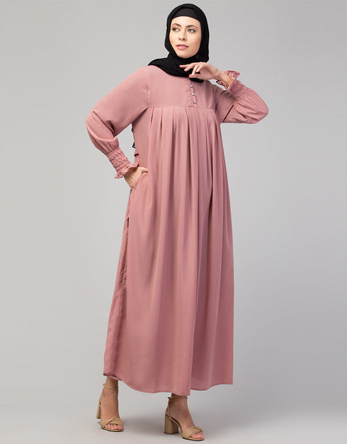 Dubai Abaya with pleats and bell sleeves stylish look In the Shade of Lt Pink