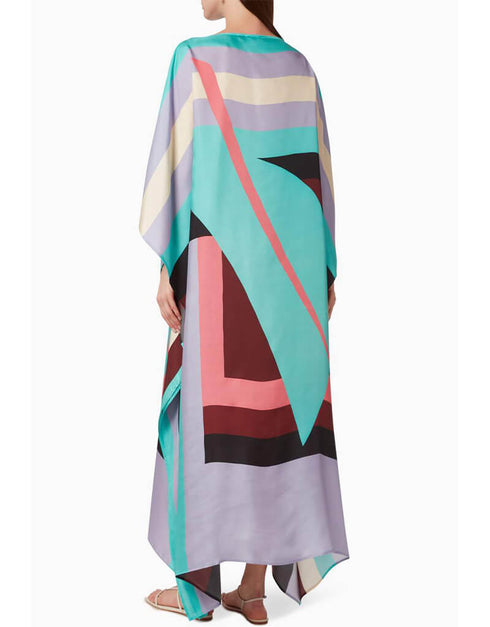 Blue And Grey Soft Silk Crepe Kaftan Back View