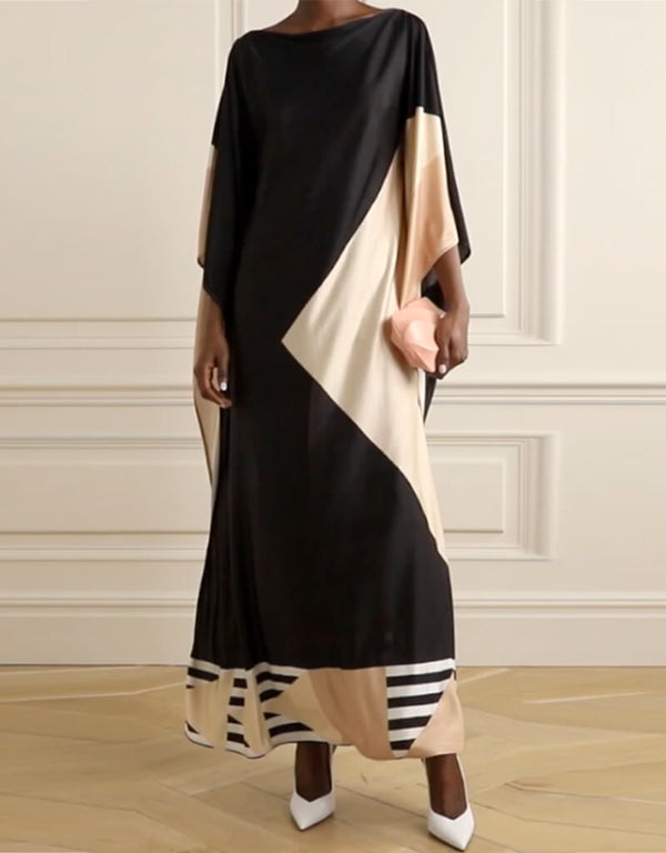 Black And Beige Soft Satin Silk Kaftan