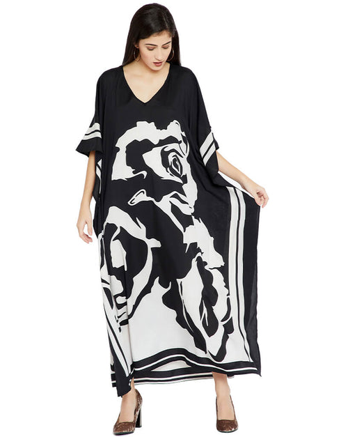 Black And White Fancy Soft Silk Crepe Kaftan Closure View