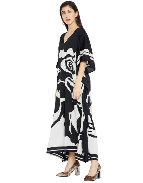 Black And White Fancy Soft Silk Crepe Kaftan Back View