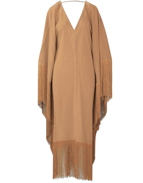 Beige V-Neck Style Fringed Kaftans Back View