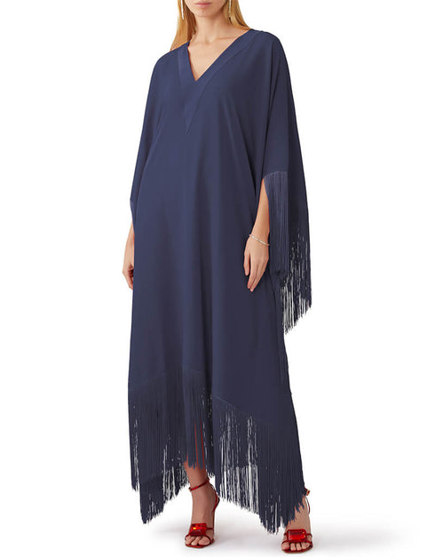 Navy Blue V-Neck Style Fringed Kaftans Closure View
