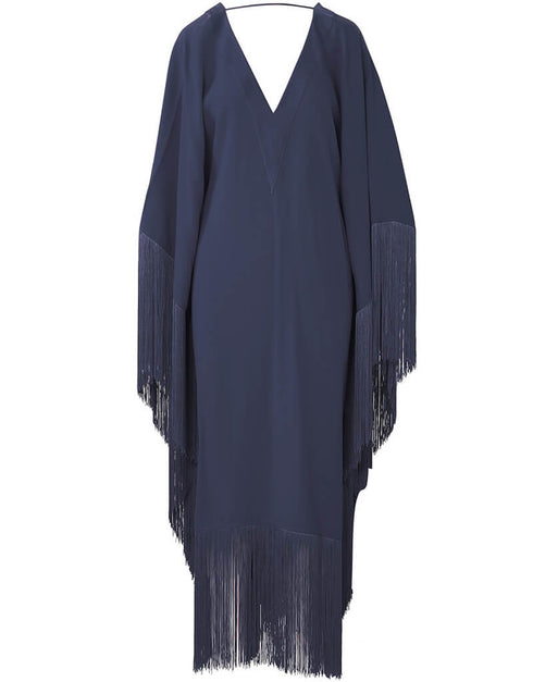 Navy Blue V-Neck Style Fringed Kaftans Back View