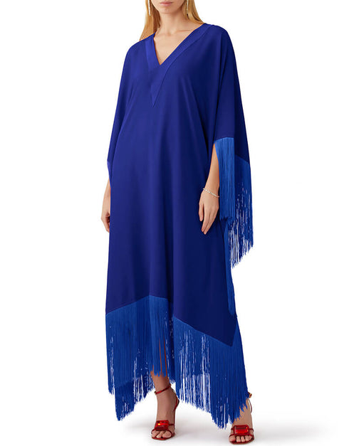 Royal Blue V-Neck Style Fringed Kaftans Closure View