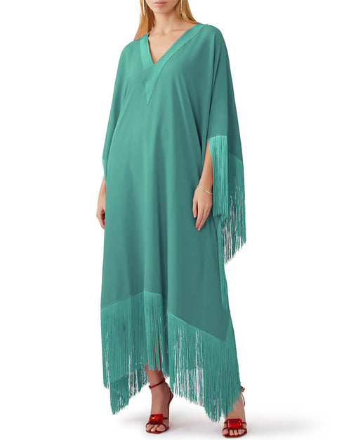 Turqouise Green V-Neck Style Fringed Kaftans Closure View