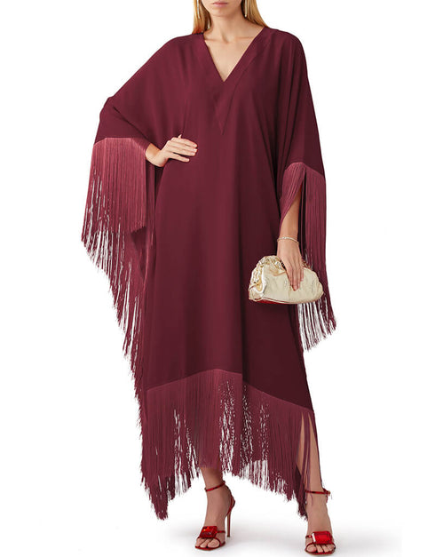 Wine V-Neck Style Fringed Kaftans
