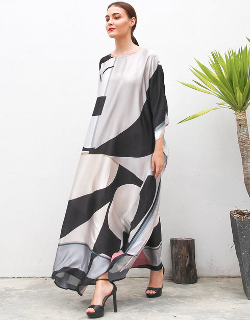 Foggy Grey Heavy Designer Digital Printed Maxi Style Dress Back View